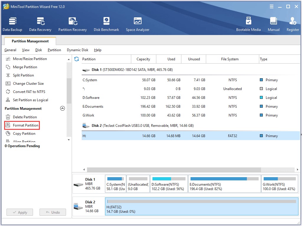 Format Partition feature on the left panel