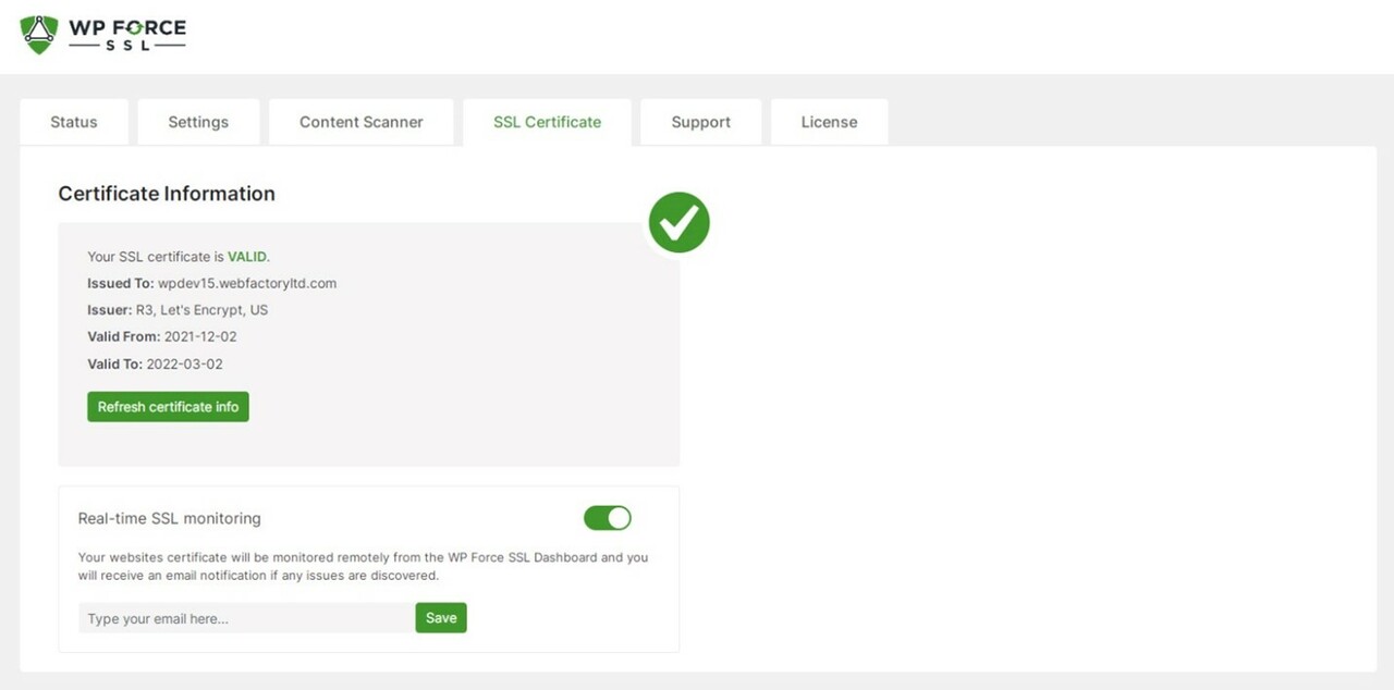 WP Force SSL Certificate Monitoring